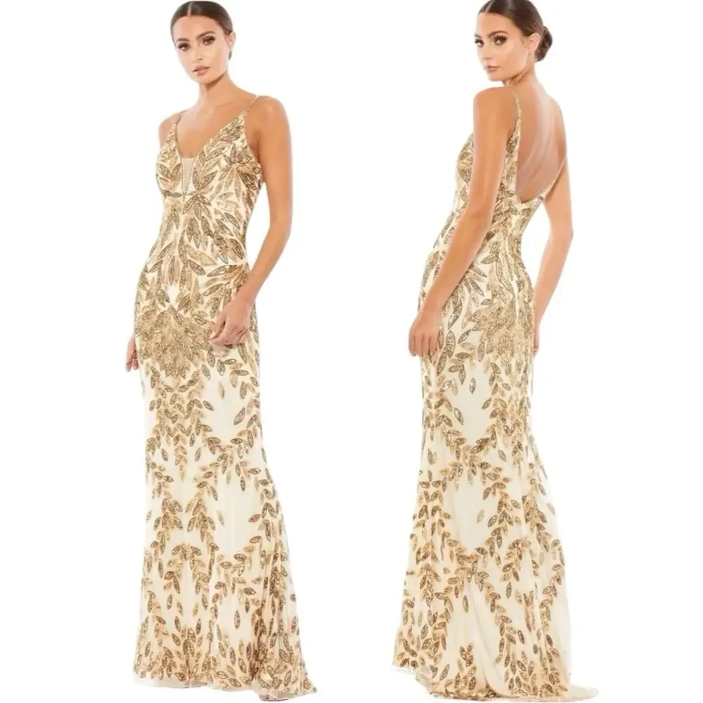 Mac Duggal Hand Embellished Sleeveless Evening Gown Nude Gold Size 10 #5107 NWT